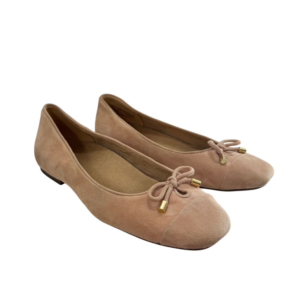 Vionic Minna Ballet Flats Blush Pink Suede Square Toe Bow Shoes Womens